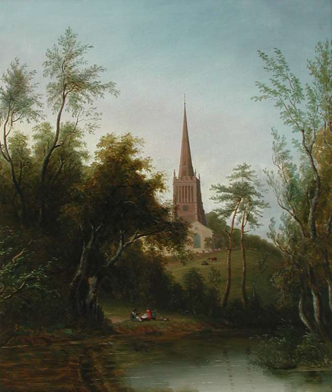Figures by a Pond, with Cattle and a Church beyond